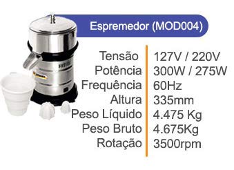 Espremedor Extrator de Suco Industrial Aço Inox Mod004