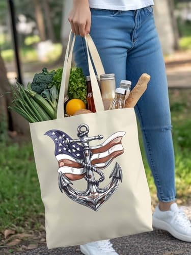 Canvas Tote Bags,Grocery Shopping Cloth Bag Nautical Anchor USA Flag Reusable Shoulder Bags Tote Bag for Travel Work Gym4