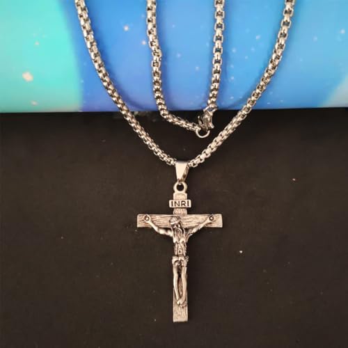 Image of M Men Style Religious Lord Jesus Christ Cross Silver Stainless Steel Pendant Necklace Chain for Men and Women