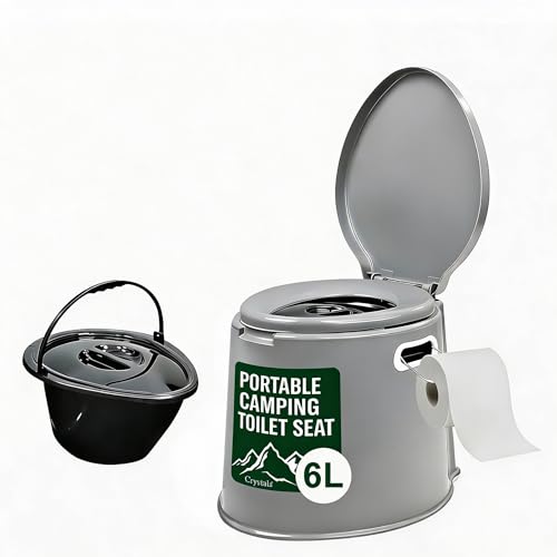 Denny International Large 6L Compact Portable Toilet, High Density Polyethylene, Potty Loo with Washable Basket and Toilet Roll Holder for Pool Party Camping Caravan Picnic & Festivals (Grey)