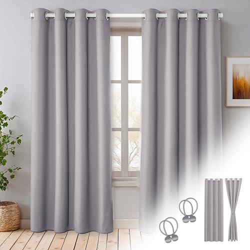 Cozyor Verdunklungsvorhänge Gardinen 2er Set mit Magnet-Raffhalter Thermogardine isolierend verdunkelnd, Gardine mit Ösen für Schlafzimmer, Wohnzimmer, Kinderzimmer