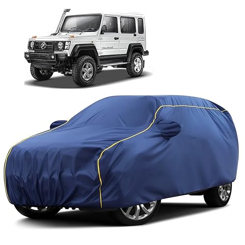 Image of Sulfar 100% Water Resistant Car Body Cover Compatible with Mirror for Force Gurkha (Triple Stitched, Full Bottom Elastic, Blue Taffeta with Yellow Piping)