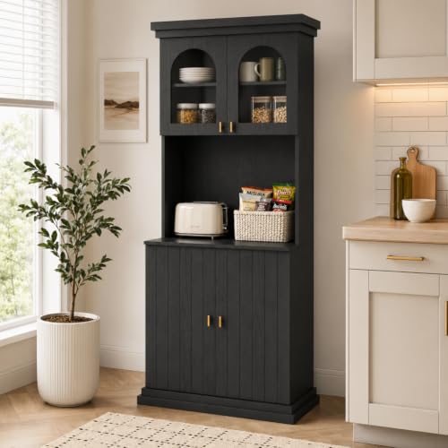 Image of ivaniti 71 inch Farmhouse Kitchen Pantry Cabinet with Arched Glass Doors, Black Freestanding Coffee Bar Hutch with Microwave Stand and Adjustable Shelves for Kitchen