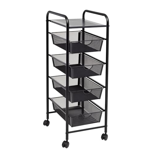 Honey-Can-Do 4-Tier Storage Cart,Multifunction Utility Rolling Storage Organizer,Mobile Shelving Unit Cart with Lockable Wheels for Bathroom,Laundry,Living Room,with Classified Stickers,Black