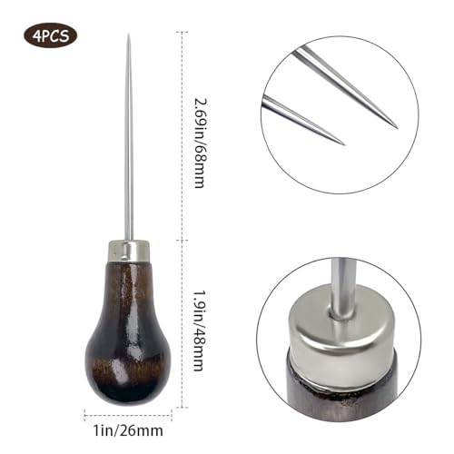4 Pcs Scratch Awl Tool, with Gourd Shape Wooden Handle, Leather Awl Punch Tool,Tailors Awl, for Sewing Punching Stitching, Gourd Awl Repair Tool for Leather Craft Cloth