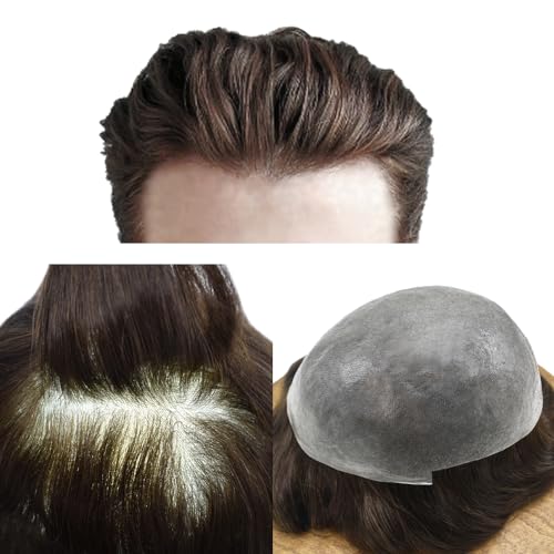 Super Thin Skin Mens Toupee 0.03mm Ultra Thin Skin Hair System For Men Human Hair Black Brown Blonde Gray V-looped Hairpiece 6''x8''-80%,3# Dark Brown