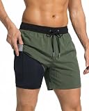 KudouYuv Mens Swim Trunks 2 in 1 Men Board Shorts Quick Dry 5 Inch Swim Suits Beach Short with Compression Mesh Lining Olive Drab