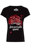 Ein Bollenhut mit Bollen aus roten Pailetten und die Aufschrift ,, Schwarzwald Mädel''machen das Damenshirt zu einem absoluten Hingucker.Der Schnitt mit Rundhalsausschnitt sieht bei jeder Figur gut aus und hat eine angenehme Passform.