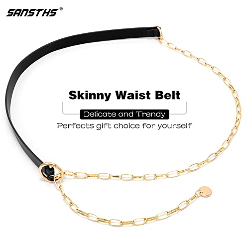 Sansths Women Chain Belt, Skinny Faux Leather Waist Belt With Gold Alloy O -Ring Pin Buckle For Dress Summer S,Black #TOP3