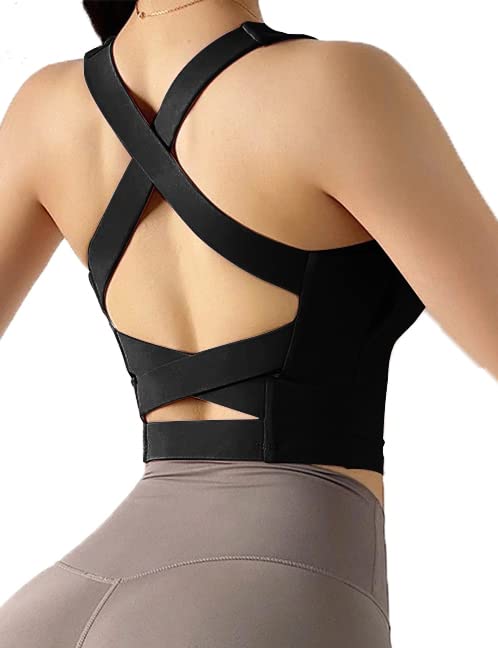 Women's Strappy Sports Bra Criss Cross Back Crop Tank Top Padded Fitness Workout Tops Longline Yoga Bras