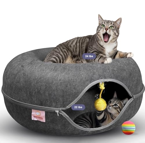 MEOWMATES Peekaboo Cat Tunnel Bed with Hanging Ball Toy – Large Cat Tunnels for Indoor Cats up to 30lbs – Round Cat's cave Bed with Scratch-Resistant, Easy to Wash & Cozy Design (24x24x11)