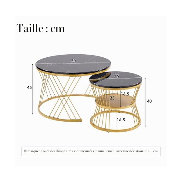 Merax Lot de 2 tables basses brillantes avec espace de rangement pour salon, balcon, structure en métal, or et noir, sans marbre
