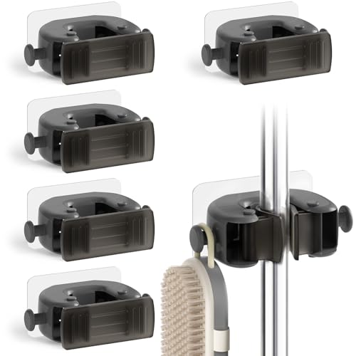 Oamwrae Porta Scope Parete 6 Pezzi, Autoadesivo Portascope da Muro, Appendi Scope a Muro con Clip in Silicone Antiscivolo per Cucina Bagno Garage - Grigio