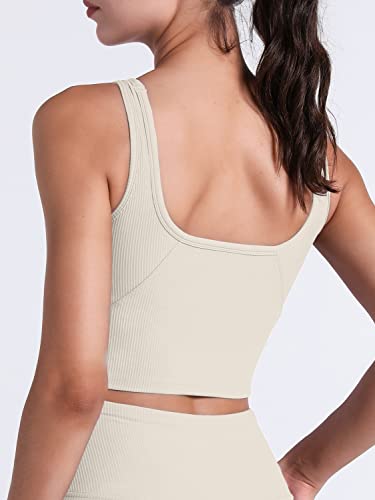 Felfory Longline Sports Bra Tank Top Bra Top For Women Seamless Sports Bra Ribbed Workout Tops Padded Crop Top Fitness Yoga Tank Ivory White Small #TOP1