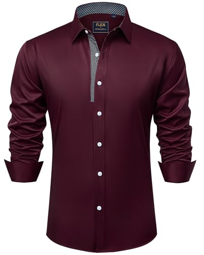 siliteelon Mens Shirts Burgundy Contrast Casual Formal Classic Button Down Dress Shirts Long Sleeve Regular Fit Work Office Wedding Date Party Shirt XL