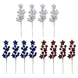 KHBNHJ 12 Pcs Artificial Pip Berry Stems, 8.3 Inch Red White Blue Berry Picks with Star, Patriotic B