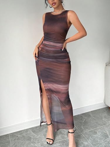 GORGLITTER Women's Tie Dye Mesh Bodycon Dress Ruched Split Thigh Party Maxi Dresses4