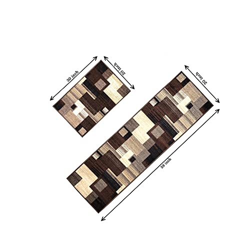 Gloria Non-Slip Rubber Back Kitchen Rug Set 2 Pieces Carpet Runner And Mat Set - 20"X30" & 20"X59" (Modern, 2743) #TOP2