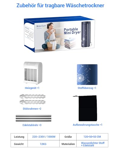 KASYDoFF Tragbarer Wäschetrockner, 1000W Elektrisch Wäschetrockner, 120CM Klappbare Wäscheständer Platzsparend, Automatik-Timer Tragbarer Wäschetrockners für Wohnung und Hau