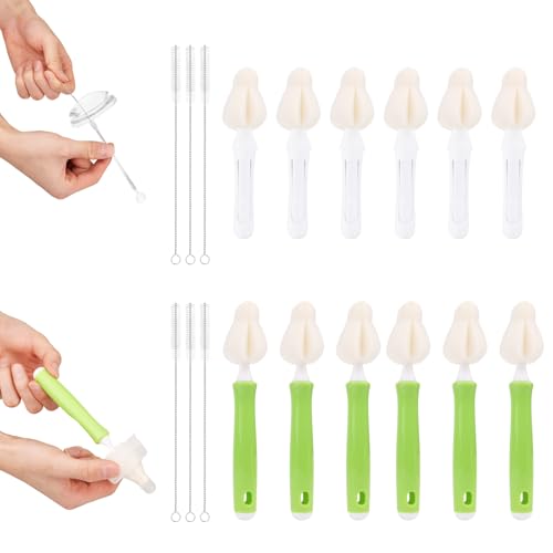 Image of 24pcs Baby Bottle Nipple Brush Set, 12pcs Sponge Nipple Cleaner Head with 6 Handle & 6pcs Straw Cleaning Brush Detachable Bottle Brush for Baby Food Feeder