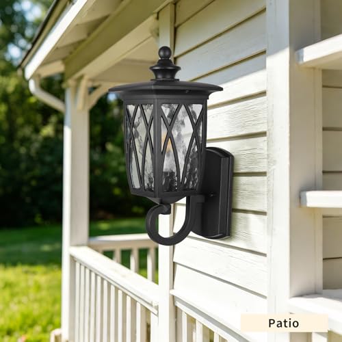 Image of JYZ 16 inch Outdoor Wall Light Fixture, Classic Exterior Waterproof Wall Lantern, Matte Black Anti-Rust Sconce with Water Ripple Glass Shade, E26 Base Outside Porch Lights for Patio Garage Door