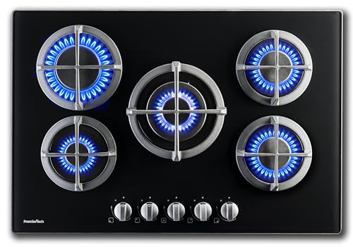 PremierTech Piano Cottura a Gas, 5 Fuochi, 75 cm, Vetro Nero, Supporti in Ghisa Professional,...