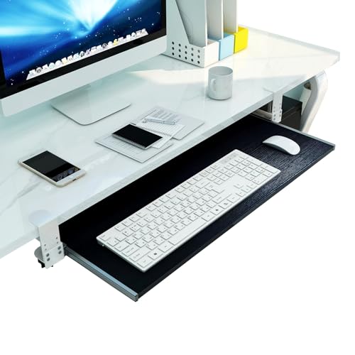 調節可能な木製キーボードトレイ 55/65/75cm x 30cm デスク下スライド式キーボードホルダー Cクランプ付き 高さ調節可能な引き出し式キーボード引き出し タイピング用