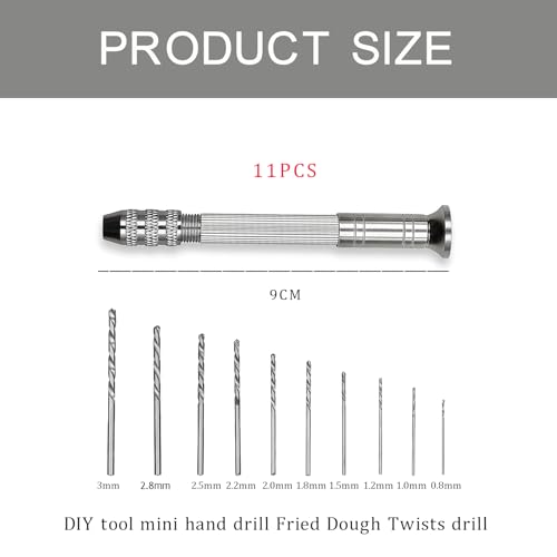 11 Stück Handbohrer Holz Set,Handbohrmaschine,Hand Drill,Mini Bohrer,Mini Bohrmaschine Pin Vise Handbohr Mit 10 Spiralbohrer(0.8-3.0mm),Bastelarbeiten Bohrwerkzeug Bit,Multifunktional Handbohr Bit Set