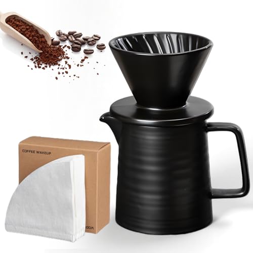Pour Over Cafetera de 450 ml con filtro, filtro de café de porcelana con taza con filtro de café de 100 piezas, juego de cafetera, regalo para papá mamá, ideal para casa y viajes
