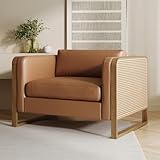 Nathan James Madison Boho Accent Chair, Upholstered Armchair with Rattan Accent and Solid Wood Frame, Camel/Light Brown