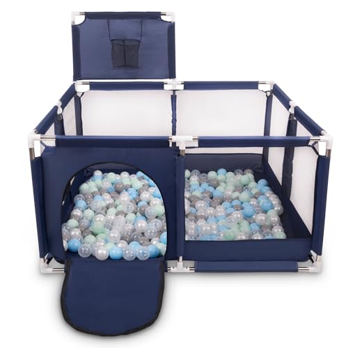 Selonis Laufstall Mit Korb Und 400 Bälle Laufgitter Für Kinder, Blau:Perle/Grau/Transparent/Babyblau/Minze