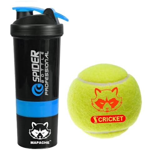 Mapache Summer Essentials Sports Combo Cricket Ball with Spider Shaker Bottle for Kids and Youth (Blue)