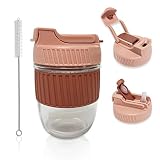 JOMIHONEY Reusable Glass Coffee Cup Travel Mug with Lid and Straw, 12oz/350ml, Dual-use Drinking Lea