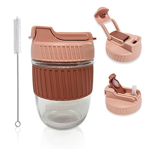 Jomihoney Reusable Glass Coffee Cup Travel Mug With Lid And Straw, 12Oz/350Ml, Dual-Use Drinking Leak Proof Coffee Tumbler With Silicone Sleeve Band, Portable Durable Glass Water Bottle (Pink) #TOP8