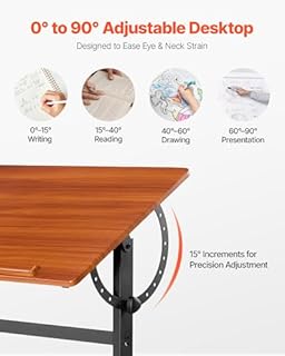 VEVOR Table à Dessin Inclinable 0°-90°, Bureau pour Dessinateur avec cadre en H Noir et Plateau Marron, Table d'Architecte en Bois, Poste de Travail pour Peintre Ingénieur Artiste, Maison Bureau