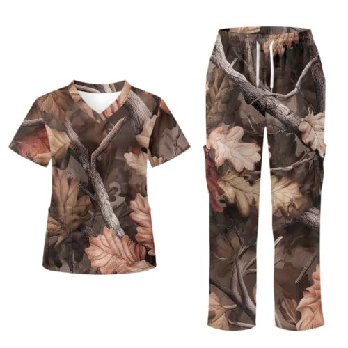 Jndtueit Retro Camo Hunting Brown Medical Uniform Set for Women, V-Neck Scrub Top & Stretch Pant, Plus Size S-5XL with Pockets