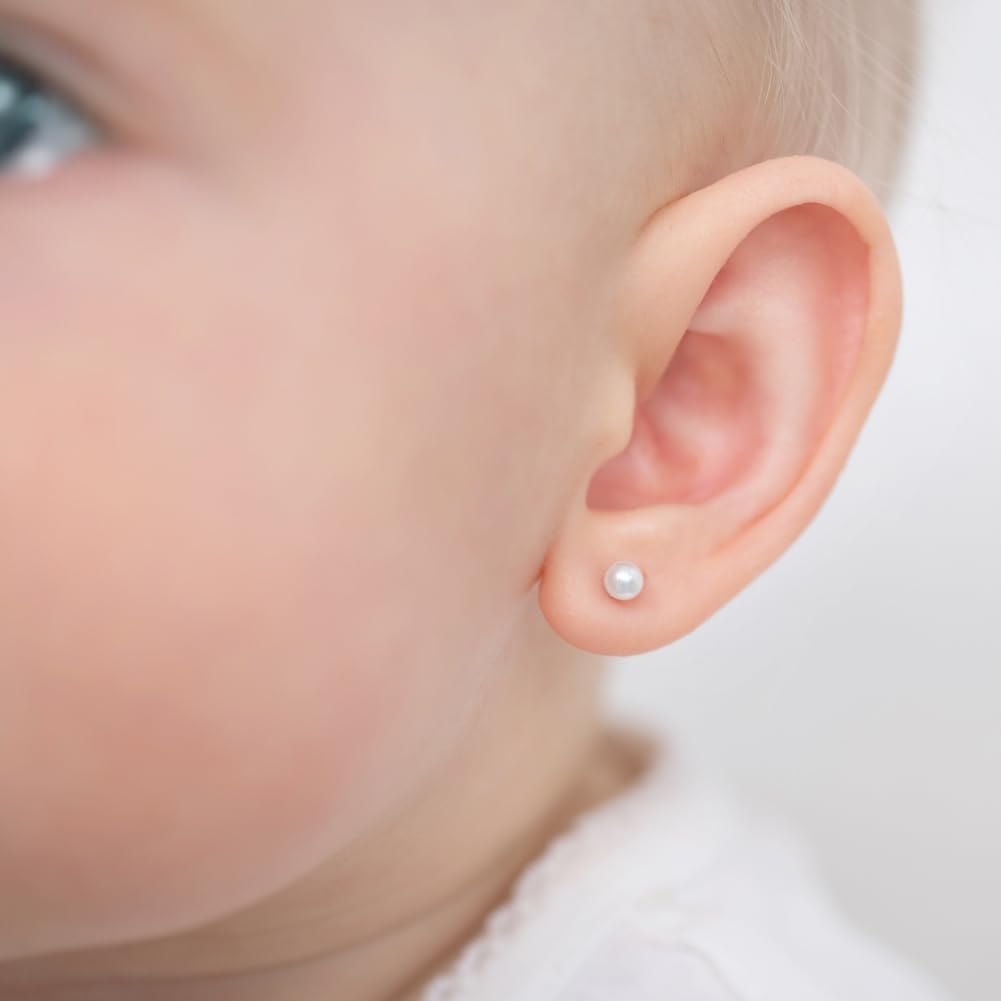 In Season Jewelry Classic White Freshwater Cultured Pearl Kids Earrings - 925 Sterling Silver Hypoallergenic Earrings for Girls with Safety Screw Backs - Safe for Toddlers, Kids & Little Girls