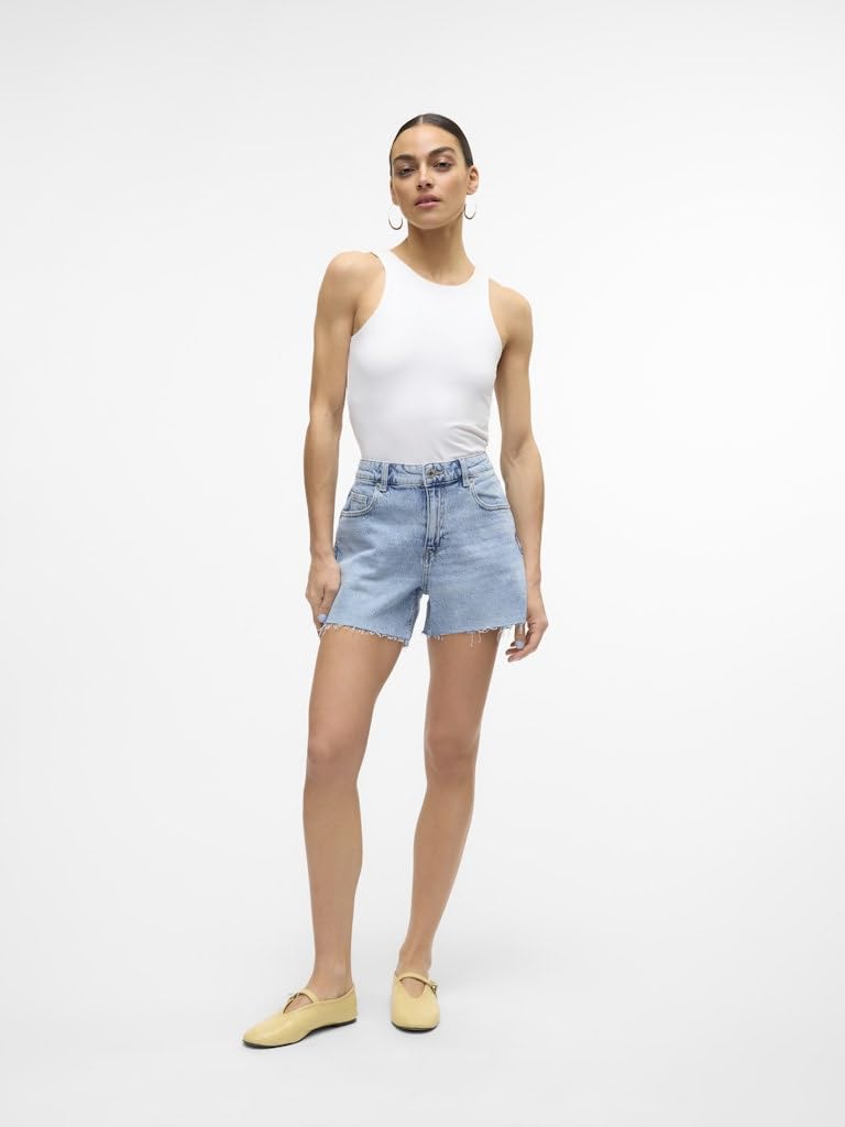 VERO MODA Short en Jean Femme avec Ourlet à Franges et Fermeture éclair