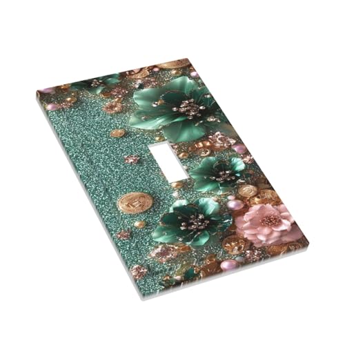 Decorative Switch Covers Plate Bling Green Rose Flowers Crystal Rhinestone Glitter 1 Gang Wall Plate Oversized Single Toggle Wall Cover Plate Jumbo Electrical Light Switch Plate Faceplate