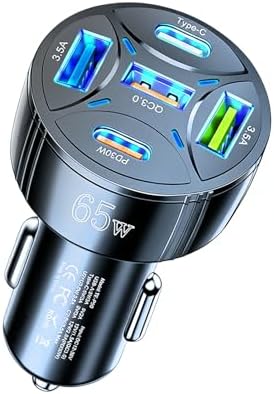 Alanph Super Fast Charging USB-C Car Charger Adapter, 65W 5-in-1 Multi-Port PD30W & QC3.0 Cigarette Lighter USB Charger for iPhone/Android/Samsung/iPad Pro (Black)