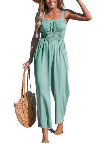 CUPSHE Mono sin mangas para mujer, con cintura ahumada, pierna ancha, elegante, para verano, suelto, largo, verde menta, S
