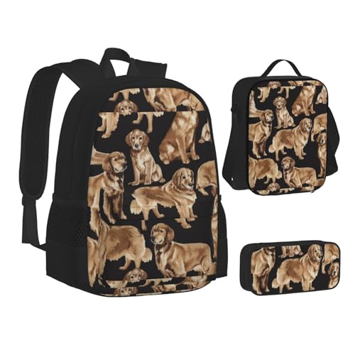 Sac à dos Golden Retrievers 3 en 1 en toile noire avec sac repas et trousse
