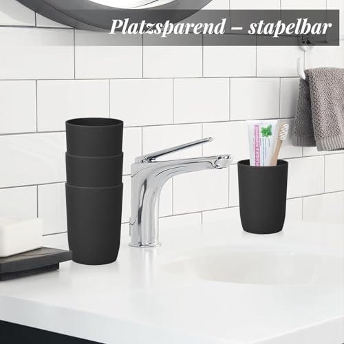 AstraLoom Toothbrush Holder with Cups, 4pcs Unbreakable Bathroom Tumblers 350ml, Dishwasher Safe Plastic Toothbrush & Makeup Brush Organizer, Reusable Drinking Glasses for Bathroom Counter(Black)