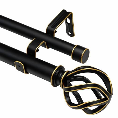 Black Double Curtain Rods, Heavy Duty Decorative Drapery Rod 72-144 Inches, Telescoping Drapery Rod with Twisted Cage Finials 72"-144" Black
