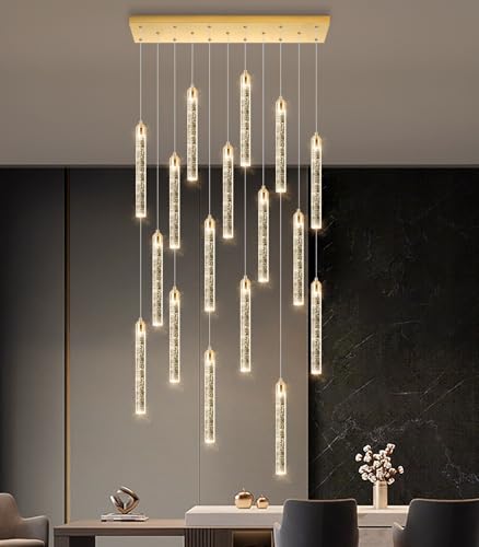 Image of Rectangular Chandeliers 17-Lights Long Light for Entryway LED Dimmable Chandeliers Lighting Fixture Flat Sloped High Ceiling Pendant Lights Crystal for Living Room Foyer Hallway Staircase Gold