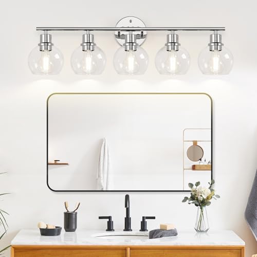 Image of Indoi 5-Light Bathroom Light Fixture, Chrome Bathroom Wall Light with Clear Glass Globe Shades, Modern Vanity Lights Over Mirror for Bathroom, Bedroom, Kitchen, Living Room, Hallway