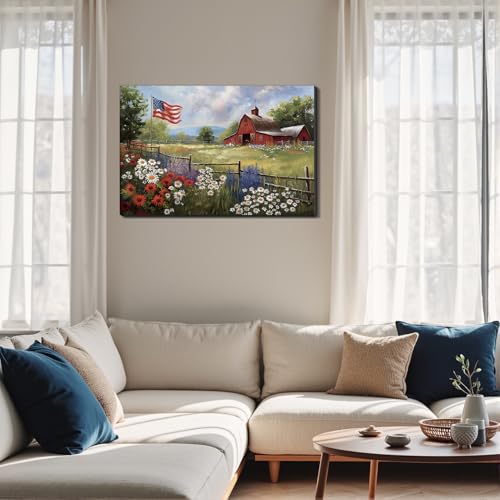 Image of Framed Rustic American Flag Red Barn Wall Art, Patriotic Farmhouse Canvas Art Pictures, USA Flag Wall Decor for Living Room Kitchen Entryway, Ready to Hang Made in USA