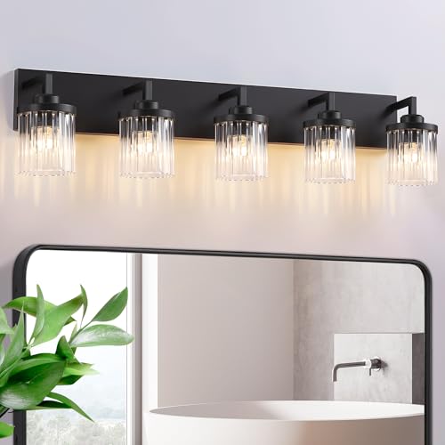 EvmVom Modern Crystal Bathroom Light Fixtures, 5 Light Black Farmhouse