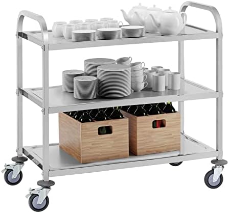 Royal Catering RCSW 3A Serving Trolley Tea Trolley Kitchen Trolley Cart with Wheels (3 Shelves, Load Capacity 150 kg, Tray Spacing 28,3 cm, Ram Protection) Stainless Steel