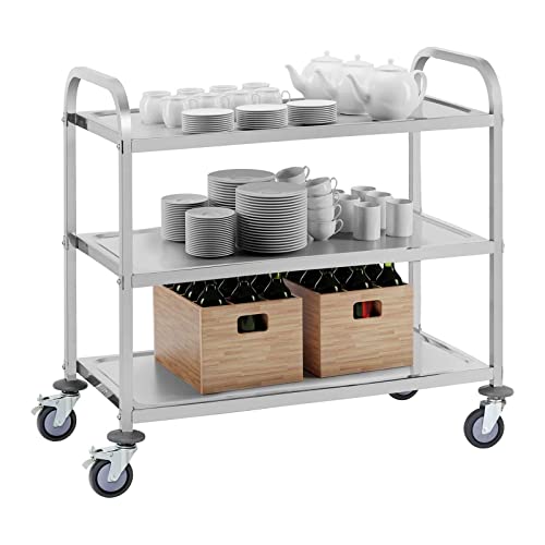 Foto von Royal Catering RCSW 3A Servierwagen Küchenwagen (3 Etagen, Tragfähigkeit 150 kg, Tablettabstand 28,3 cm, Rammschutz, vibrationsarme Schwenkrollen) Edelstahl